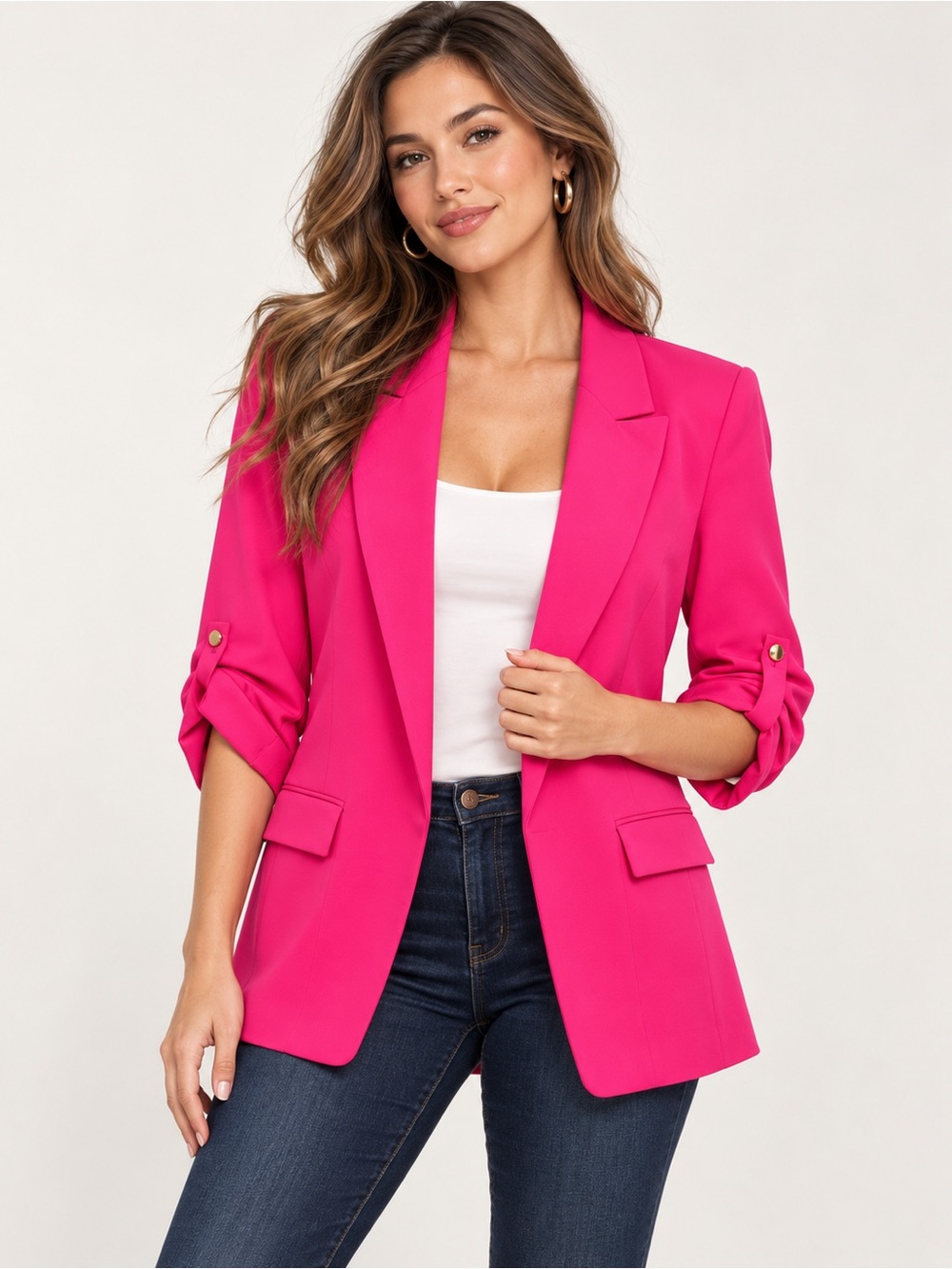 ZARA HOT PINK OPEN FRONT BLAZER ROLL TAB SLEEVE SIZE MEDIUM CAREER BUSINESS